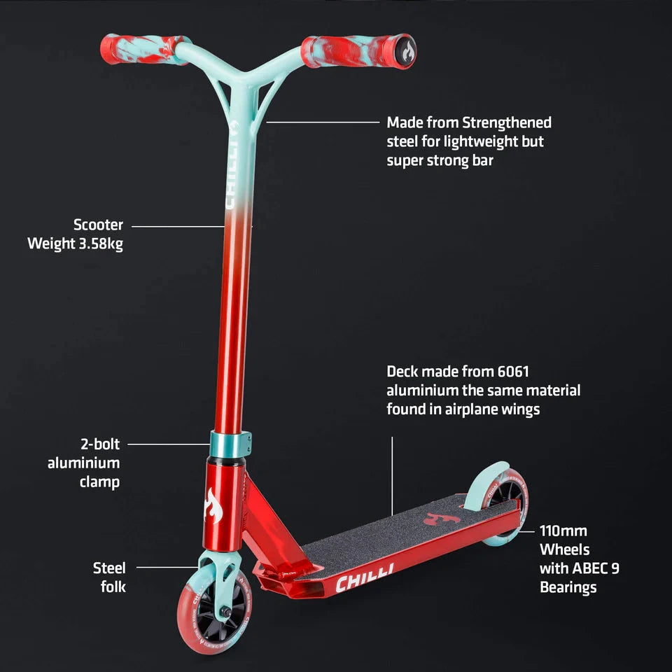 Chilli Base Jumpstart Complete Stunt Scooter, Red/Teal Complete Scooters Chilli