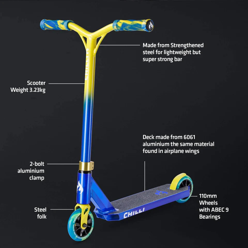 Chilli Base S Jumpstart Complete Stunt Scooter, Blue/Yellow Complete Scooters Chilli