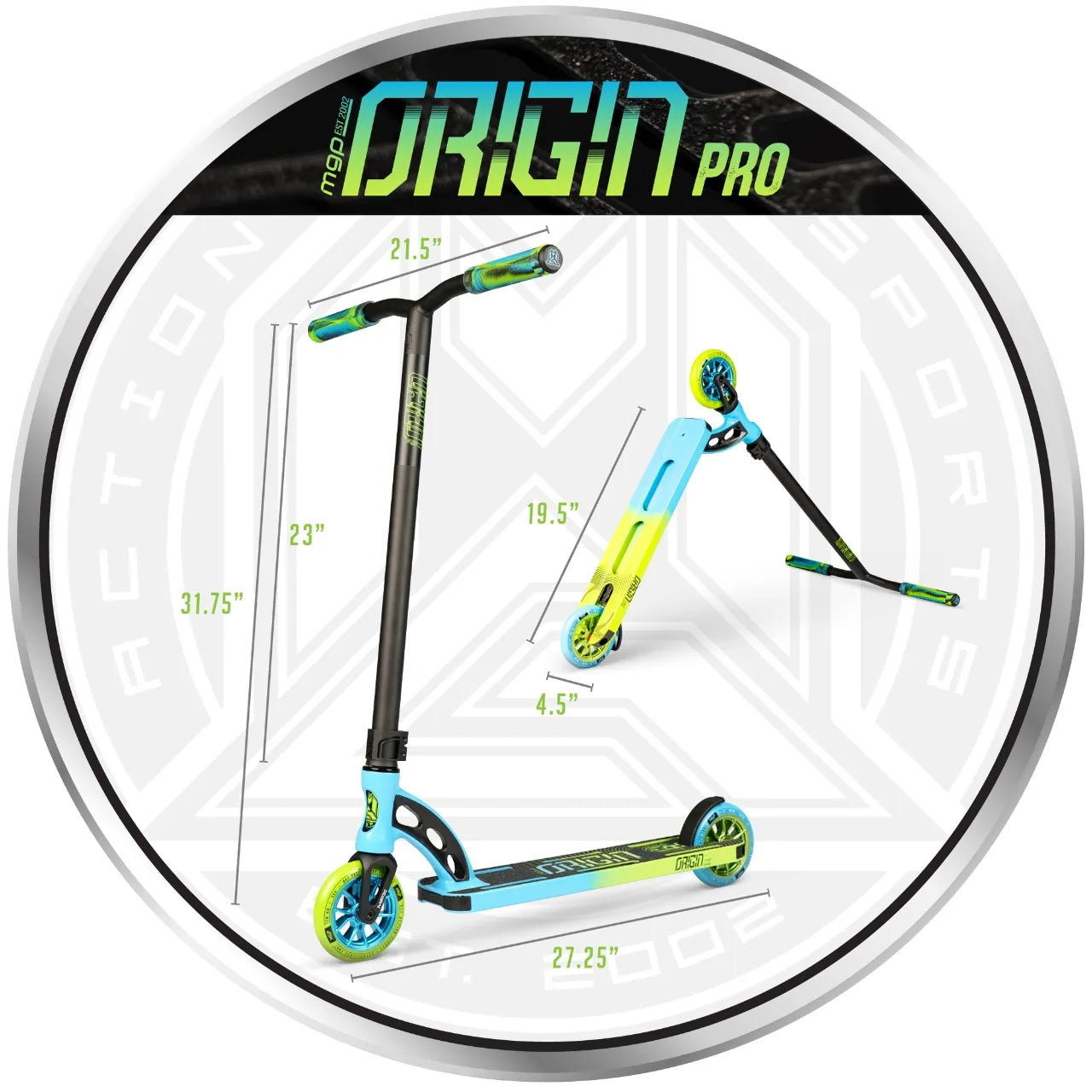 MGP VX Origin Pro 4.5" Complete Stunt Scooter, Blue/Lime Complete Scooters MADD Gear (MGP)