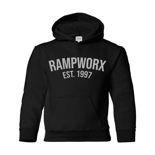 Rampworx 'Est 97' Youth Hoodie, Black/Grey Clothing Rampworx Skatepark XS Youth