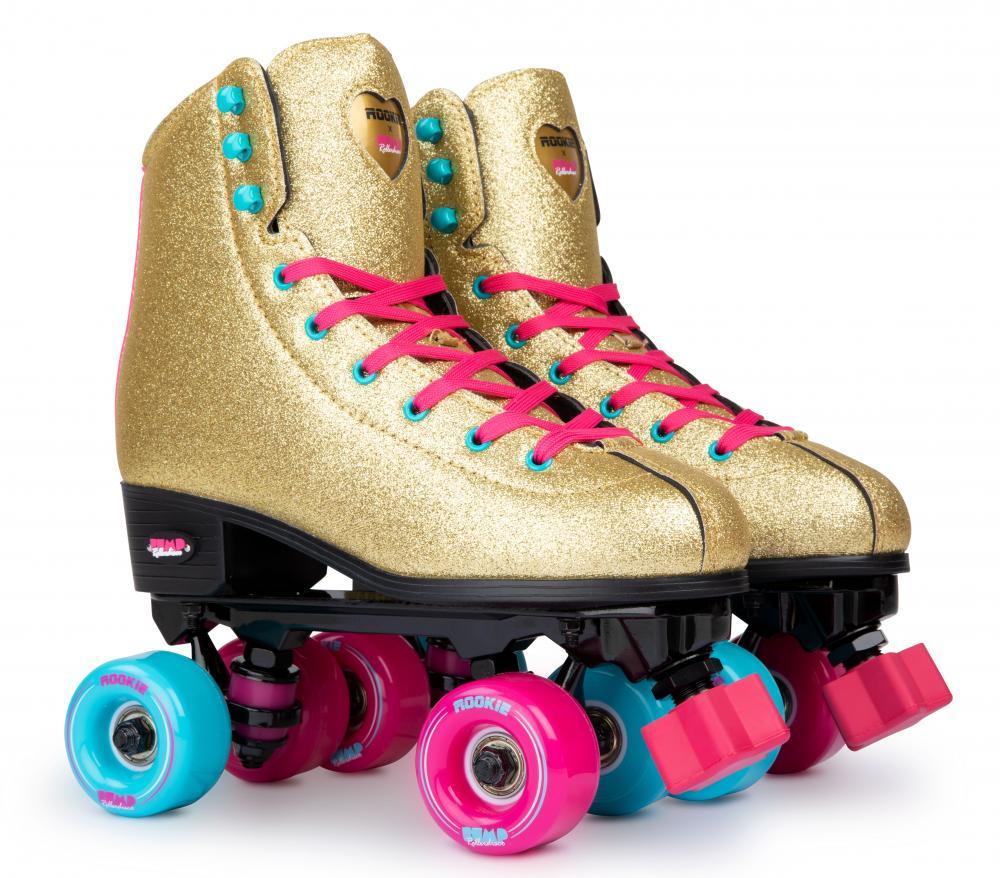 Rookie BUMP Rollderdisco Quad Rollerskates, Gold Glitter Quad Roller Skates Rookie