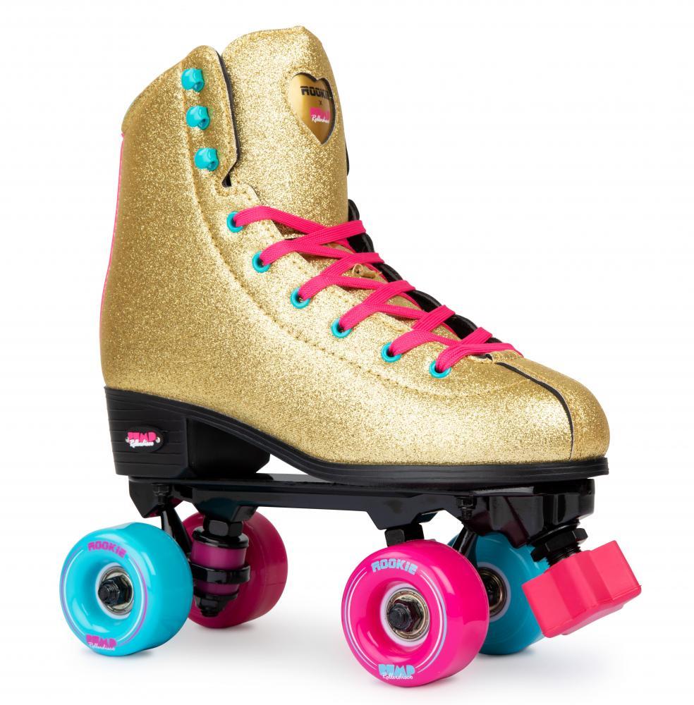 Rookie BUMP Rollderdisco Quad Rollerskates, Gold Glitter Quad Roller Skates Rookie