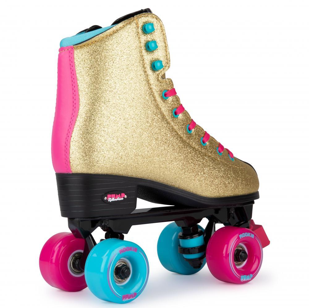 Rookie BUMP Rollderdisco Quad Rollerskates, Gold Glitter Quad Roller Skates Rookie