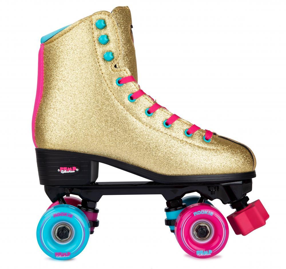 Rookie BUMP Rollderdisco Quad Rollerskates, Gold Glitter Quad Roller Skates Rookie