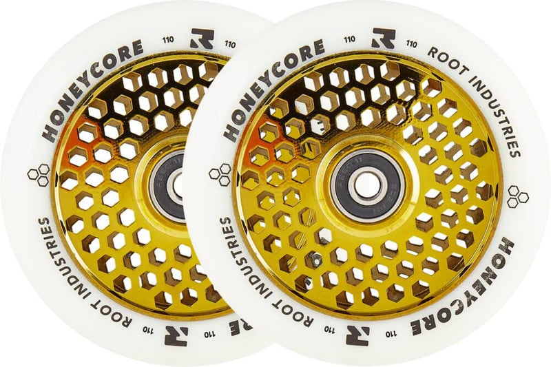 Root Honeycore White 110mm 2-pack Pro Scooter Wheels, Gold Scooter Wheels Root Industries 