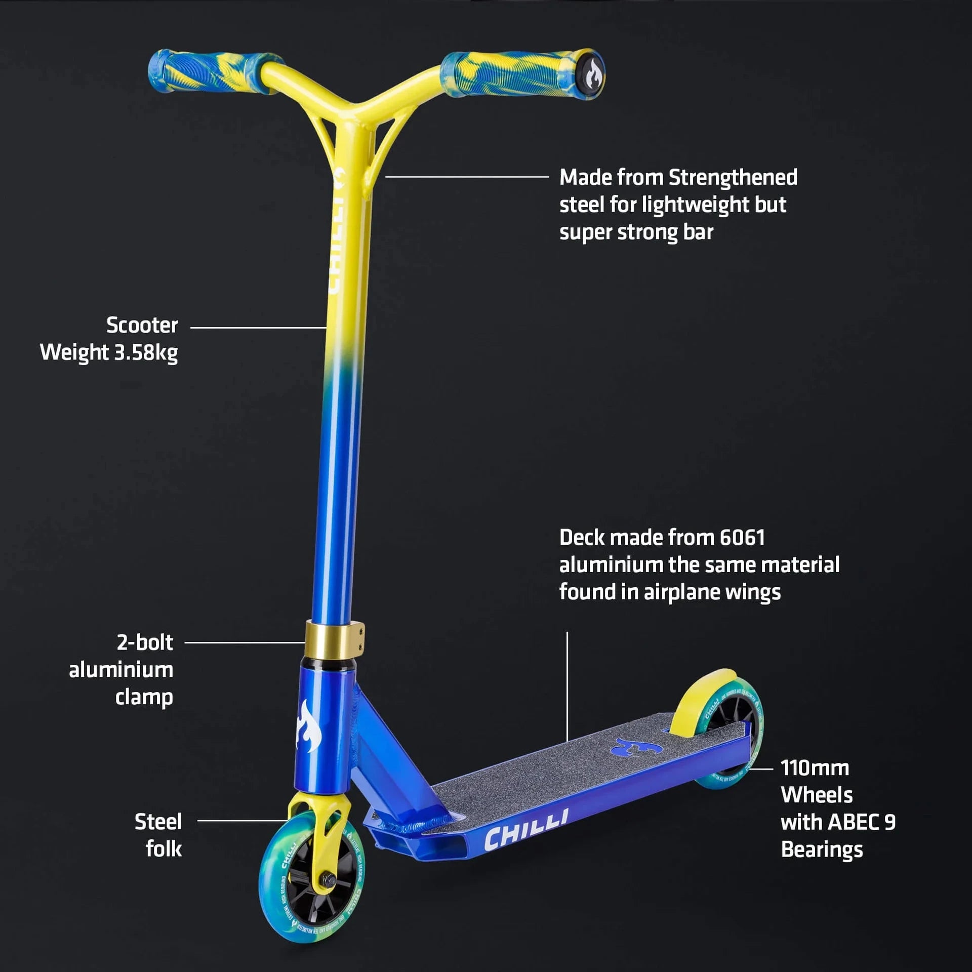 Chilli Base Jumpstart Complete Stunt Scooter, Blue/Yellow Complete Scooters Chilli 