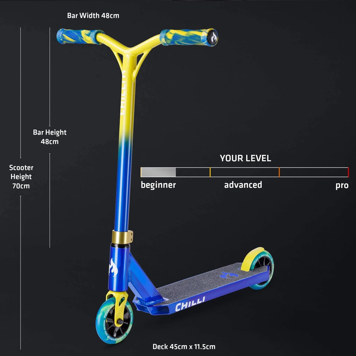 Chilli Base S Jumpstart Complete Stunt Scooter, Blue/Yellow Complete Scooters Chilli 