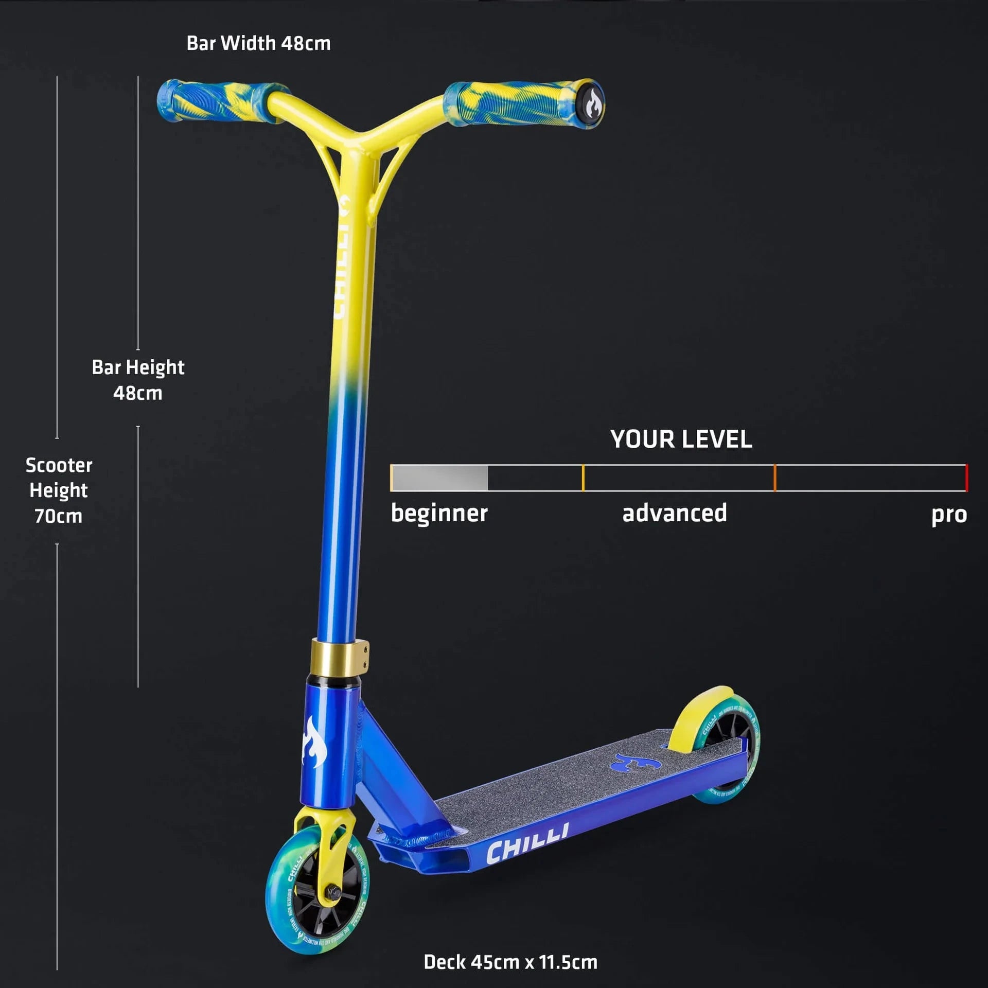 Chilli Base S Jumpstart Complete Stunt Scooter, Blue/Yellow Complete Scooters Chilli 