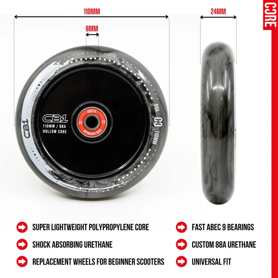 CORE CB1 Nylon Hollow Core Scooter Wheel 110mm - Black/White Scooter Wheels CORE 