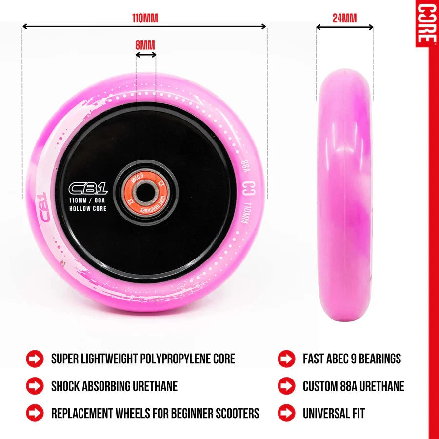 CORE CB1 Nylon Hollow Core Scooter Wheel 110mm - White/Pink Scooter Wheels CORE 