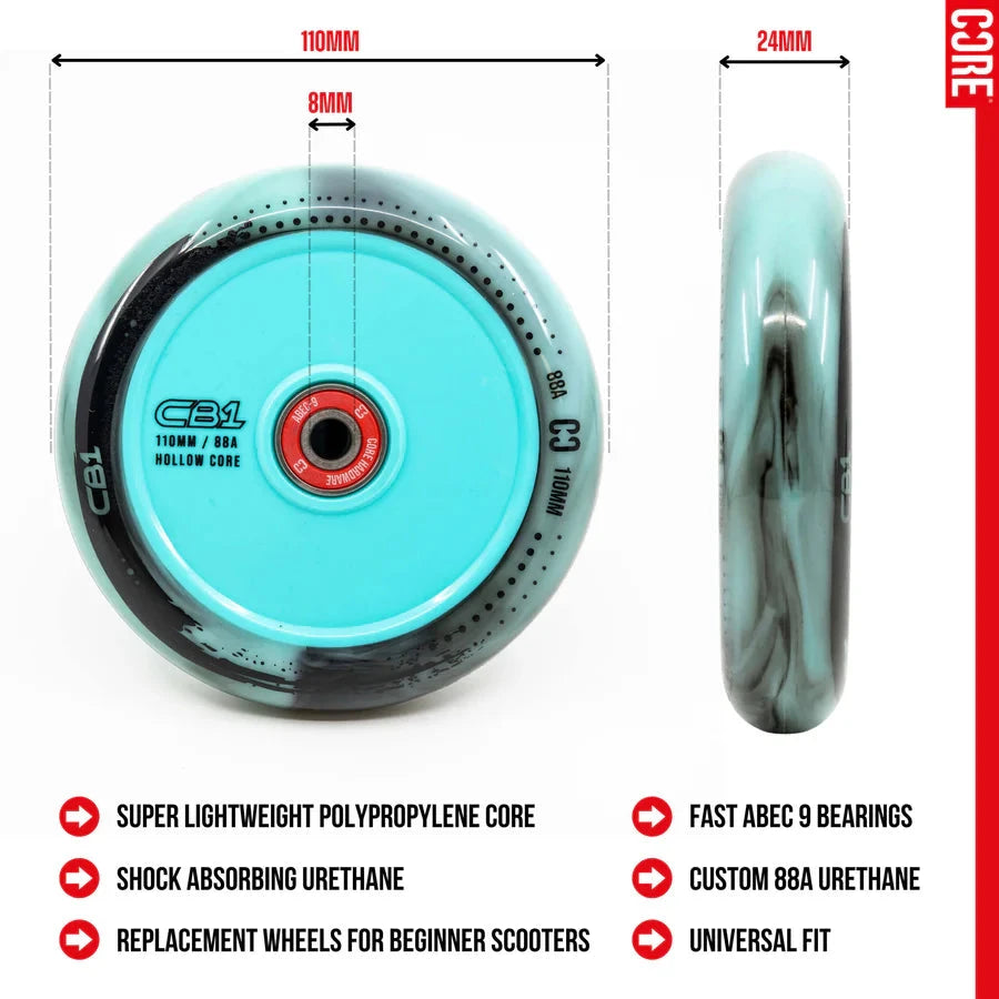 CORE CB1 Nylon Hollow Core Scooter Wheel 110mm - Black/Teal Scooter Wheels CORE 